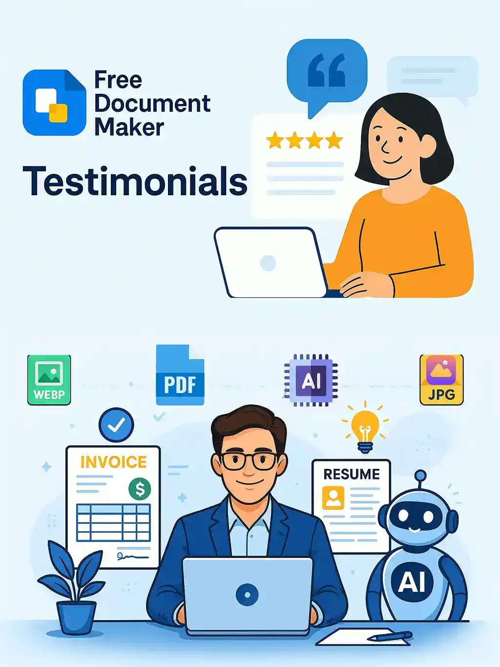 Illustration of happy users sharing positive testimonials for Free Document Maker