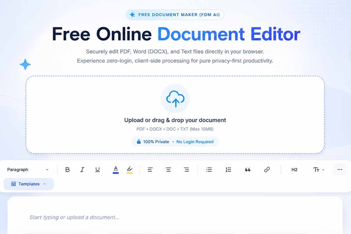 Interface of the free online document editor for modifying PDF, Word, and TXT files