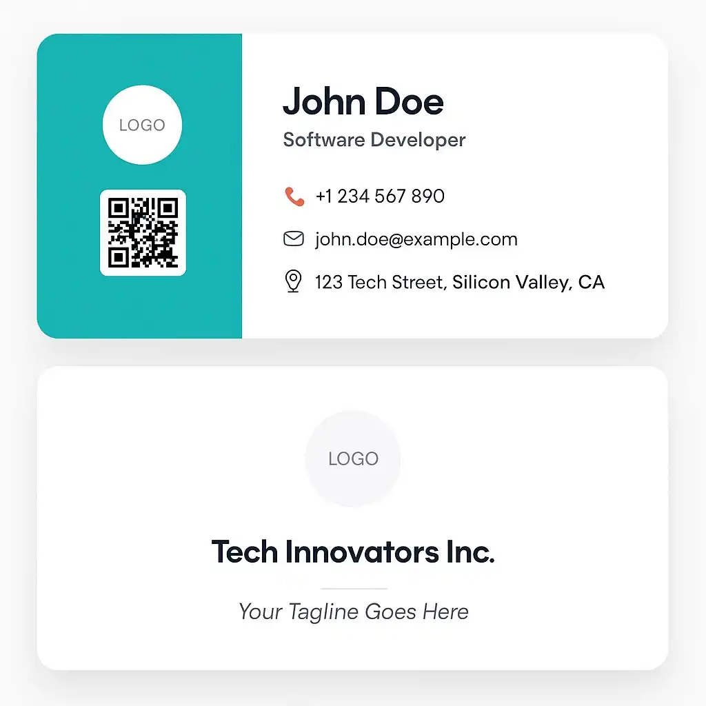 Preview of a custom business card with logo, contact details, and QR code created using Free Document Maker