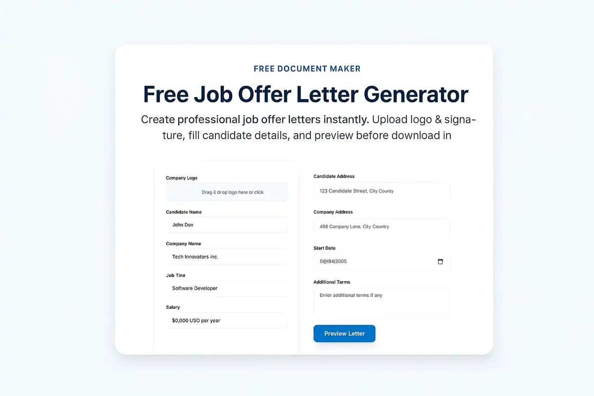 Preview of a professional job offer letter with logo, candidate details, and digital signature created using Free Document Maker