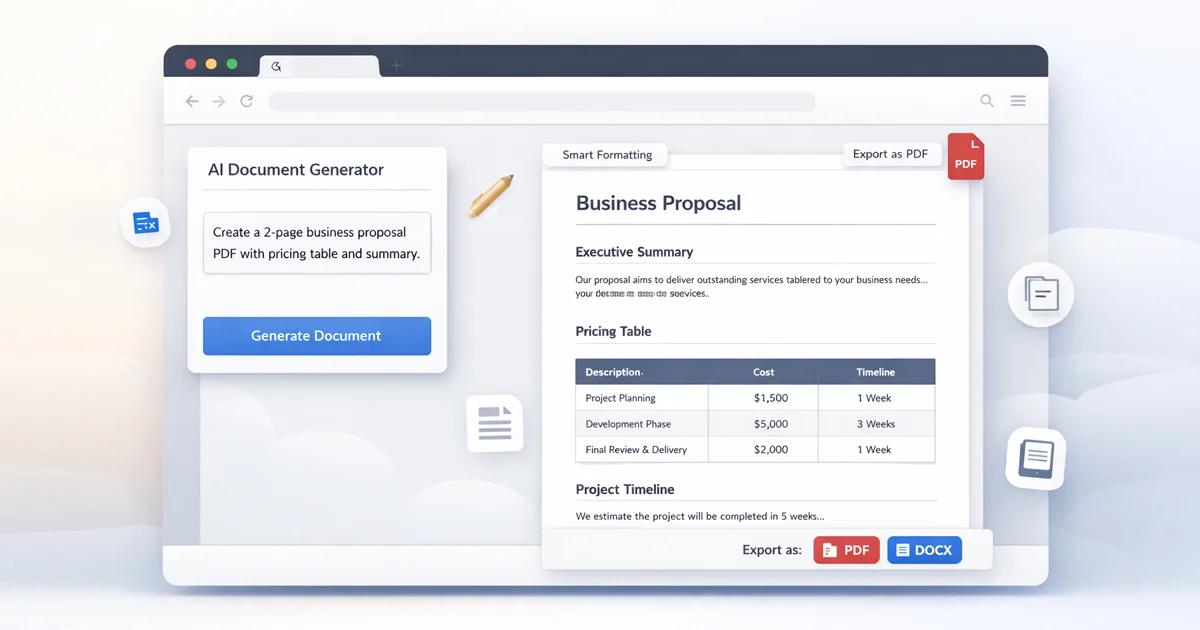 AI document and PDF generator interface creating professional documents online