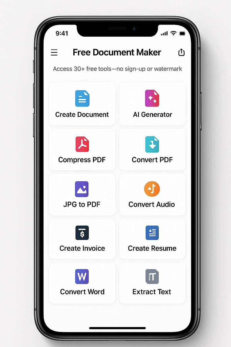 Free Document Maker App Preview showcasing tools