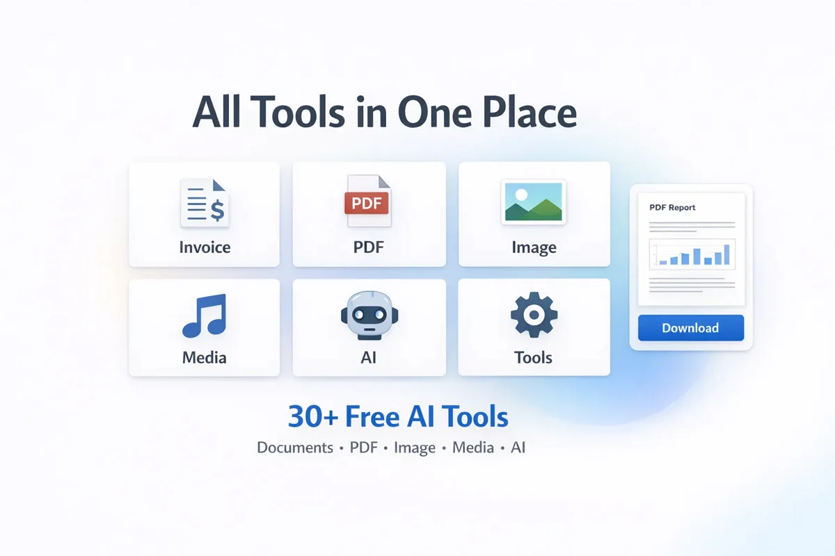 AI document generator dashboard showing invoice, PDF editor, image converter and file tools in one platform