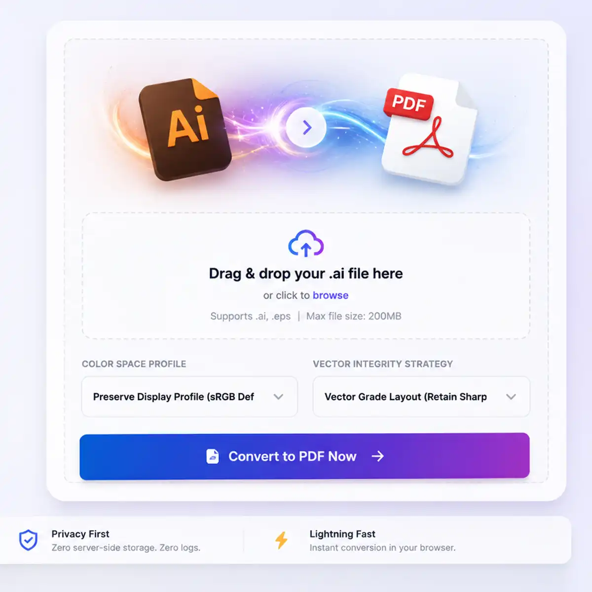 Illustration of FDM AI Illustrator to PDF converter converting vector .ai files into high-fidelity PDF documents