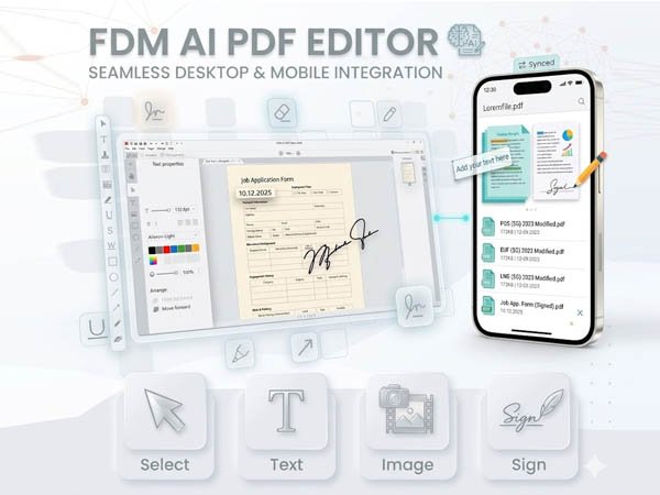 Illustration of FDM AI PDF Editor processing structural document layers, allowing dynamic text additions, logo positioning, and secure electronic signatures