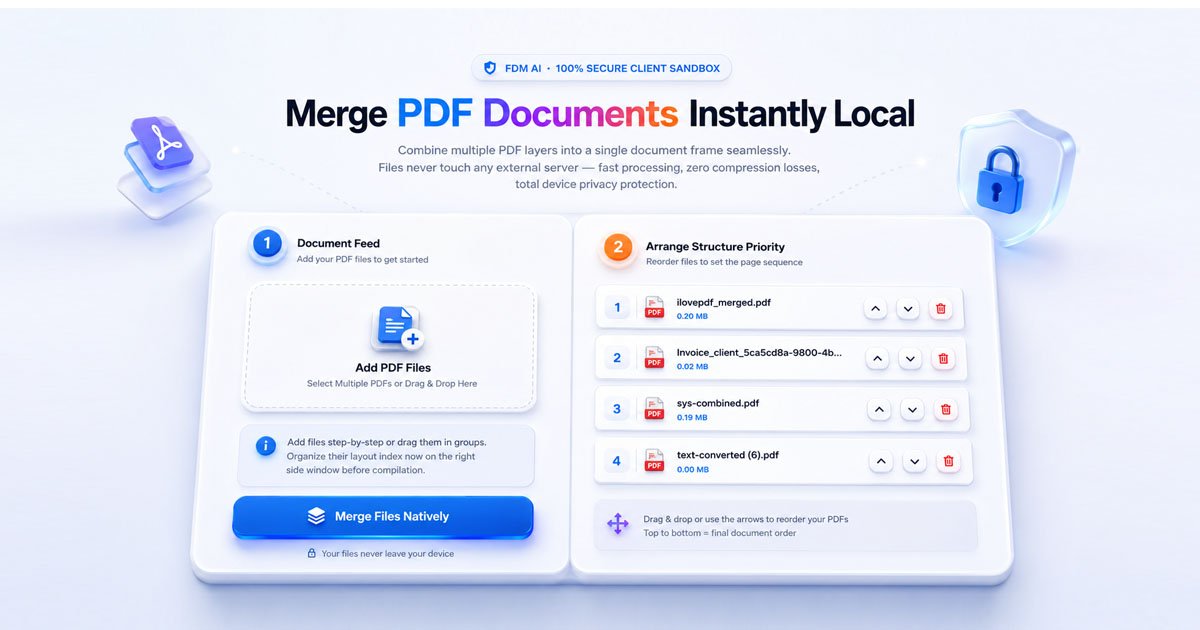 Illustration of FDM AI PDF Merger processing multiple document buffer sequences, showcasing real-time file reordering and secure local assembly