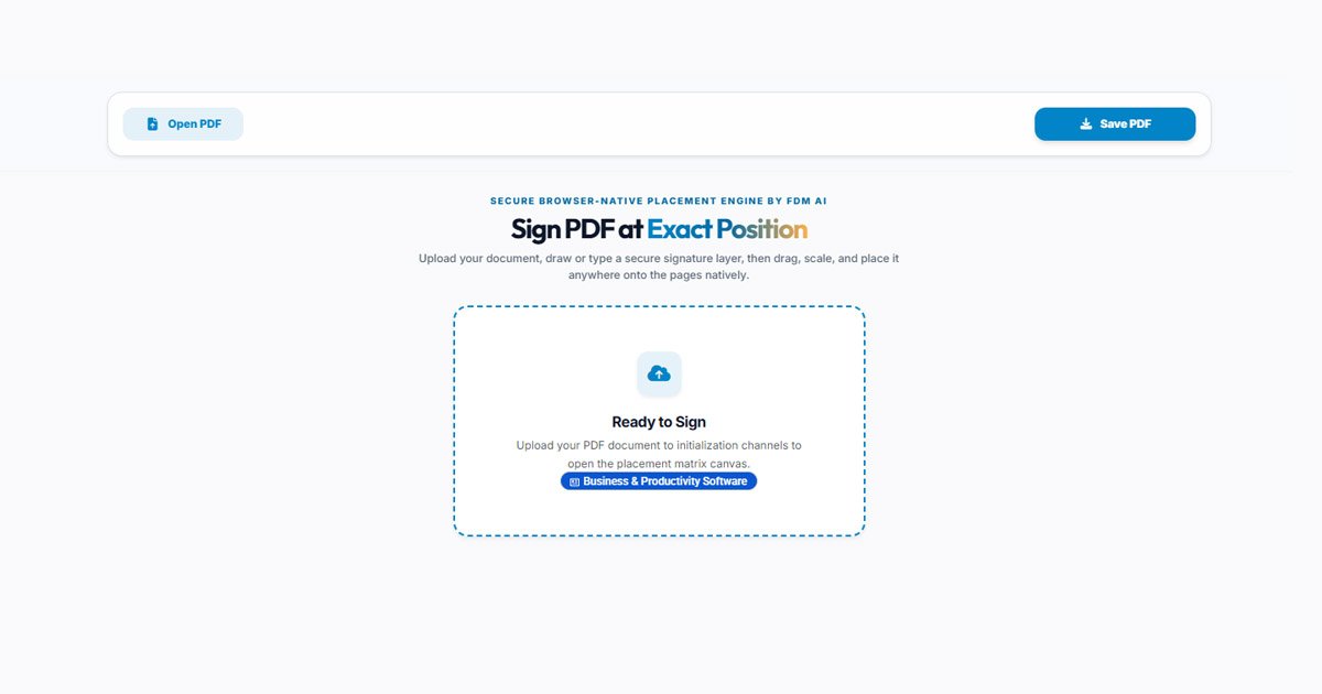Illustration of FDM AI PDF Signer processing structural document layers, allowing exact signature placement, drag-and-drop scaling, and cryptographic browser-local output