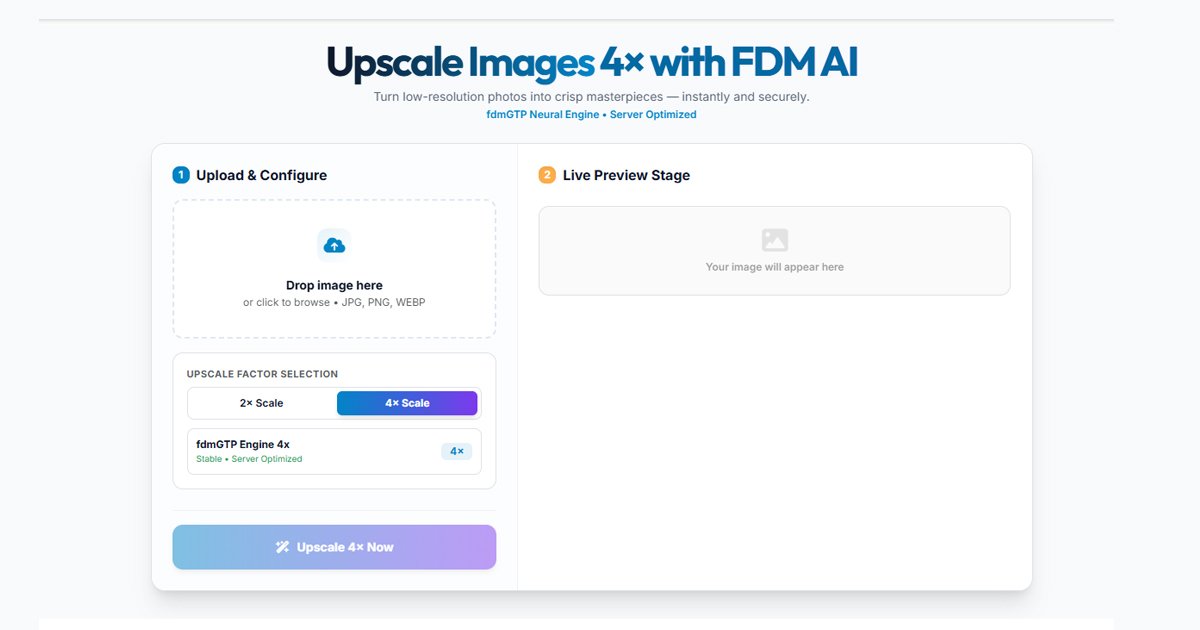 Illustration of FDM AI Image Upscaler expanding image resolution up to 4x using neural network engines