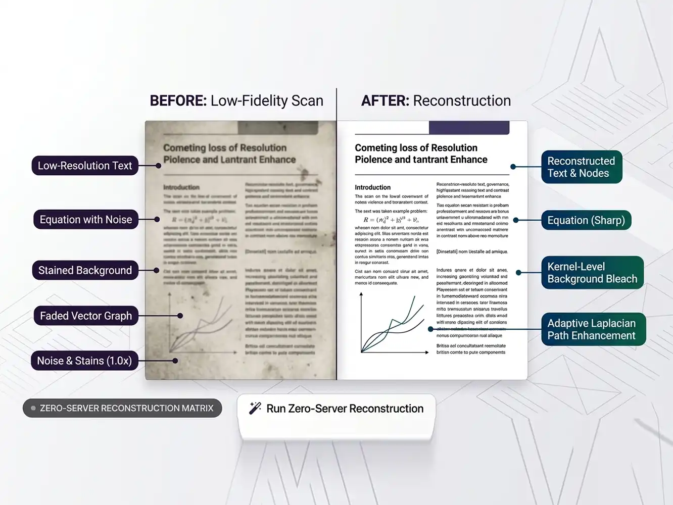Illustration showing FDM AI interface cleaning scanned PDF documents, stretching contrast, removing noise, and upscaling to high-DPI text grids