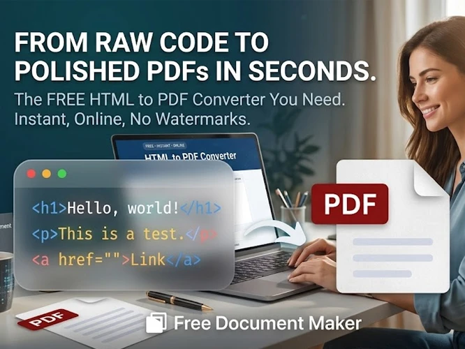 Illustration showing HTML code and web URLs being compiled into a clean PDF layout format