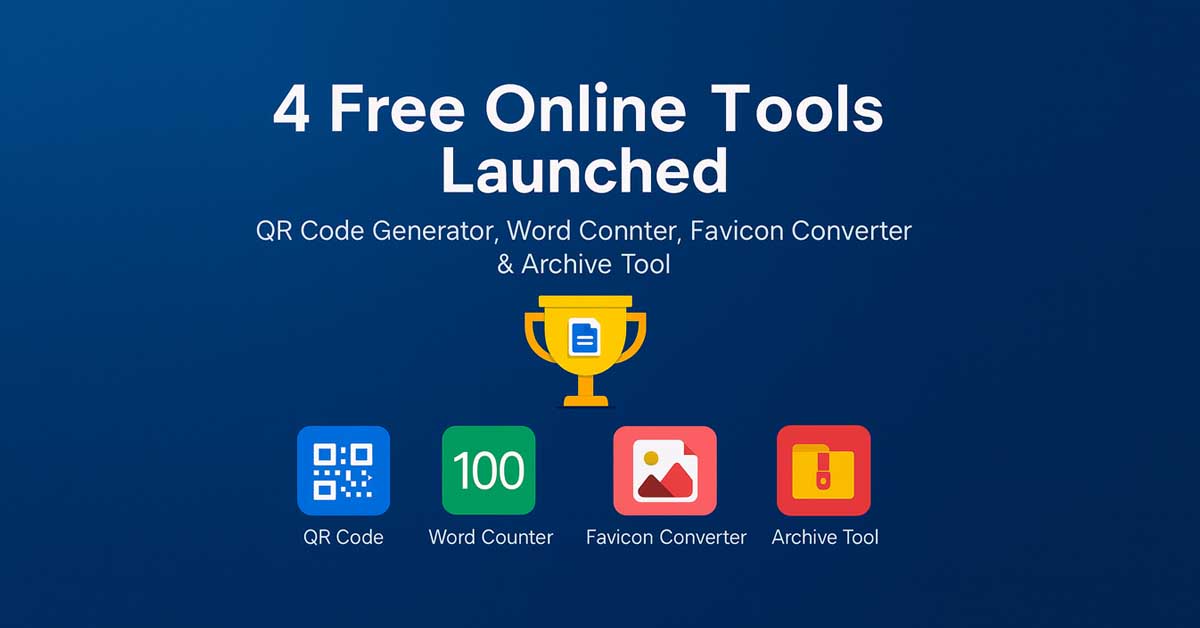 Four free online tools launched by Free Document Maker FDM AI, including QR Code Generator, Word Counter, Favicon Converter, and Archive Tool