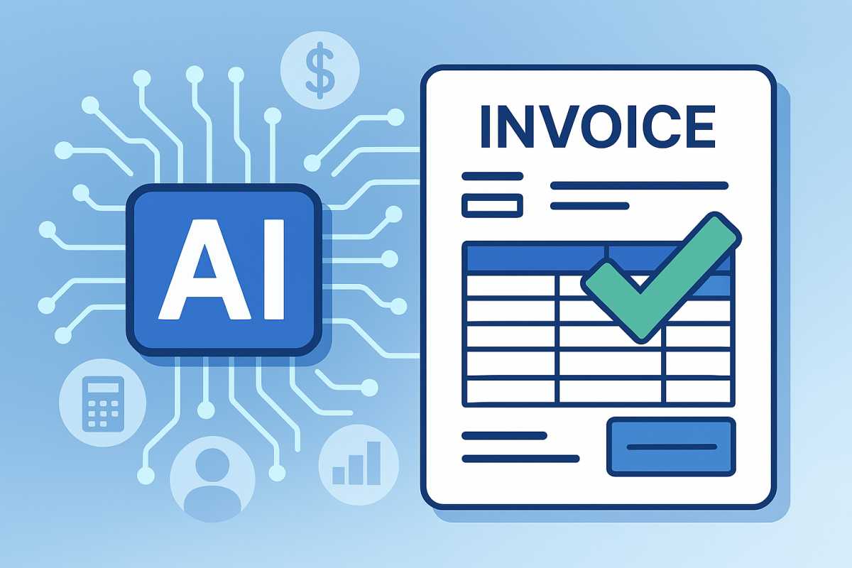 Illustration showing AI-powered technology generating a professional invoice digitally, symbolizing automation, efficiency, and smart invoicing solutions.