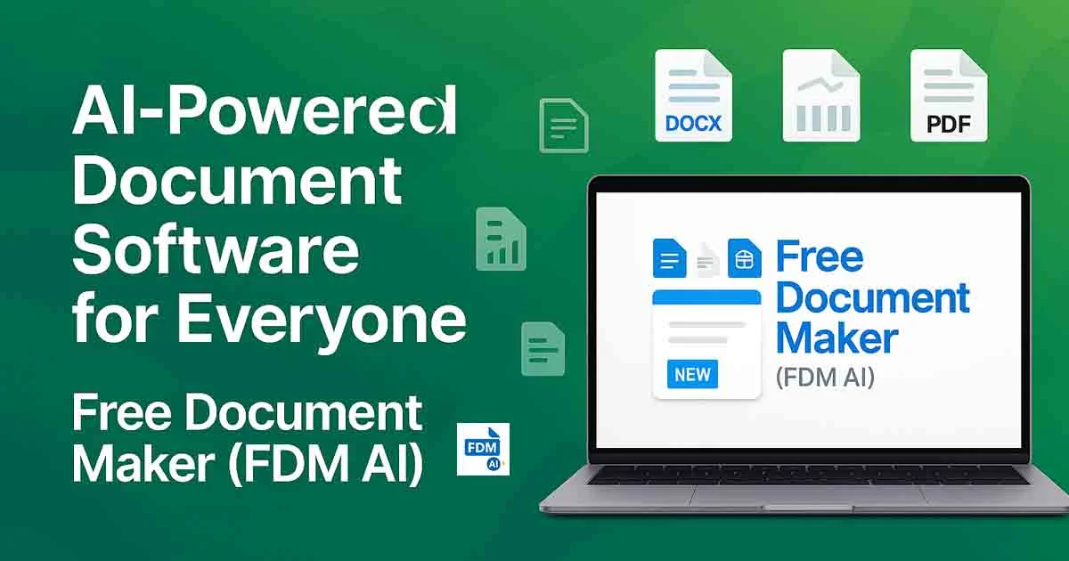 Free Document Maker AI-powered platform banner showcasing document software for everyone with icons for DOCX, PDF, and a laptop screen displaying Free Document Maker (FDM AI).