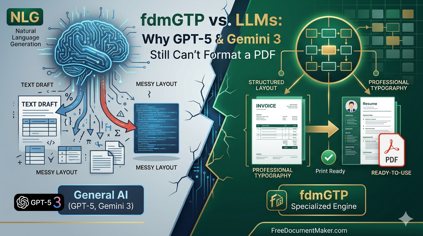 Visual representation of Natural Language Generation (NLG) vs Document Object Model (DOM) structuring, showing fdmGTP's ability to create professional resumes and invoices.