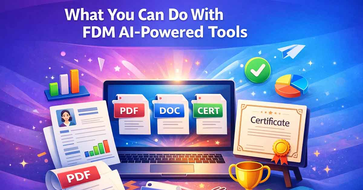 What you can do with FDM AI-powered tools for creating documents, PDFs, certificates, and managing multi-format files in one browser-based platform.