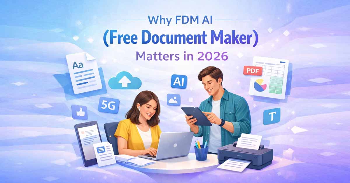 Illustration showing FDM AI (Free Document Maker) as a privacy-first AI document and media platform in 2026, with users creating PDFs, documents, and digital files using browser-based AI tools.