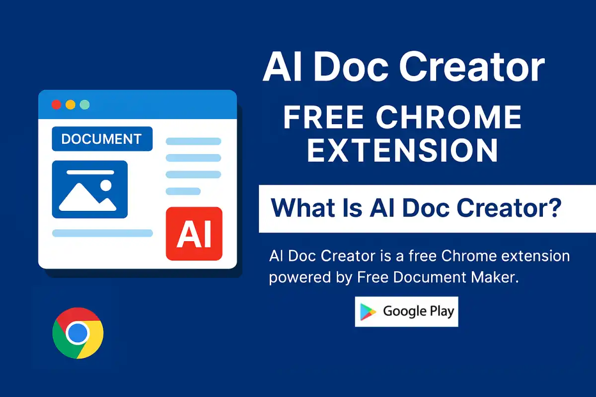 Promotional banner for AI Doc Creator Chrome extension showing a document template with AI label and description of its features like creating invoices, resumes, and contracts using Free Document Maker.