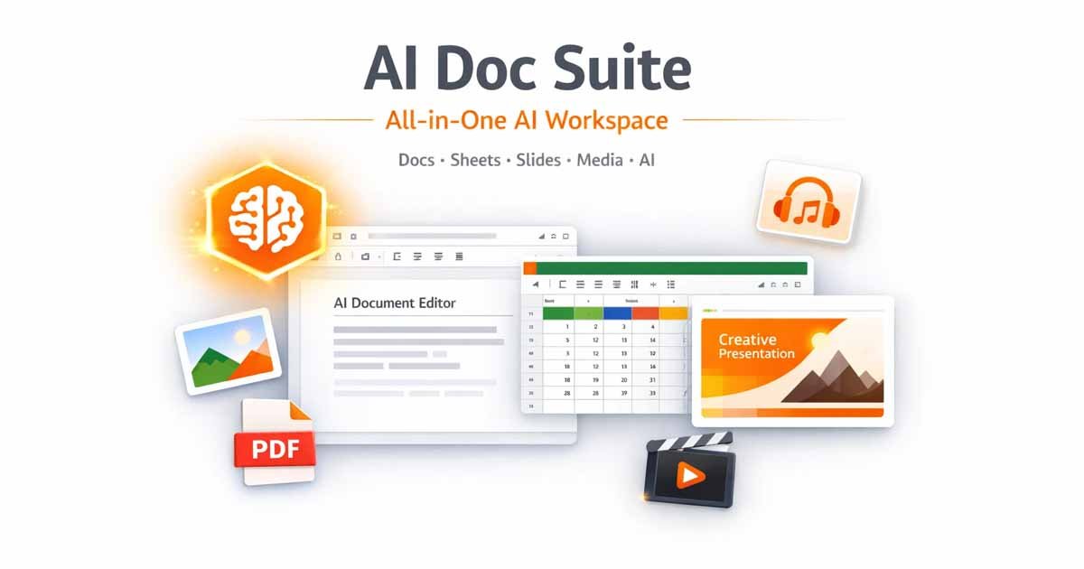 AI Doc Suite workspace showing document, spreadsheet, presentation and media tools in one browser based AI platform