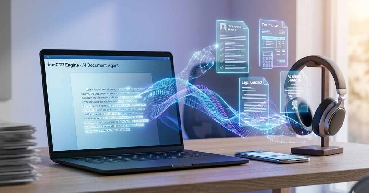 A 3D render of the fdmGTP Engine as an AI Document Agent, autonomously assembling a professional resume, an invoice, and a certificate from glowing blue and purple data streams on a laptop screen.