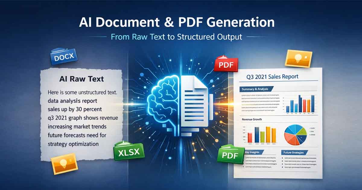 AI Document and PDF Generation workflow showing structured formatting, PDF export, and multi-format AI document automation