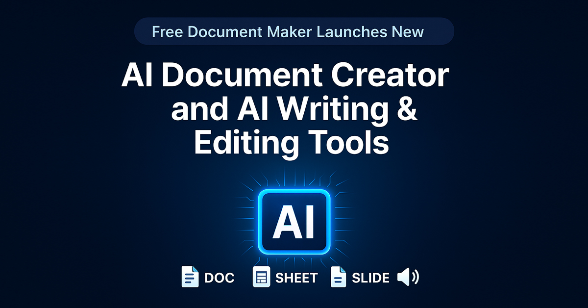 Feature image showing AI document creator and AI writing tools by Free Document Maker with glowing AI chip and document icons on a dark blue gradient background.