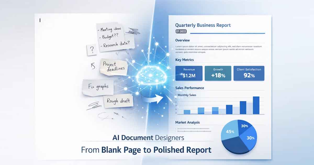 AI document designers transforming a blank page into a structured professional report