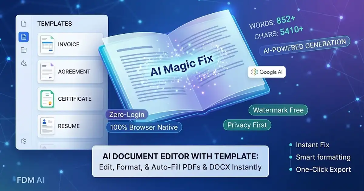 Free Document Maker online AI document editor interface showing smart templates, privacy badges, and one-click export features.