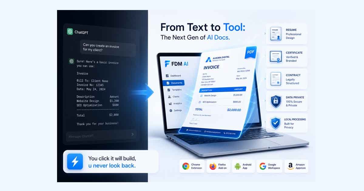 Comparison of ChatGPT text and FDM AI document generation showing professional PDF invoices, resumes, and legal contracts