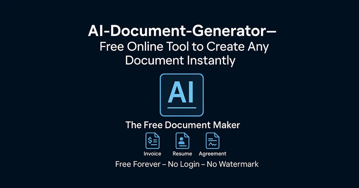 Feature image showing AI-Document-Generator — Free Online Tool to Create Any Document Instantly by The Free Document Maker with glowing AI icon and document symbols for Invoice, Resume, and Agreement on a dark blue background.