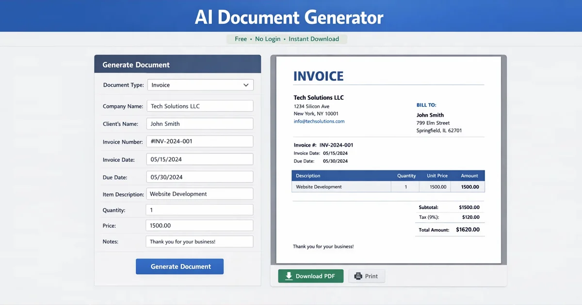 AI document generator creating invoices and certificates instantly in browser without login