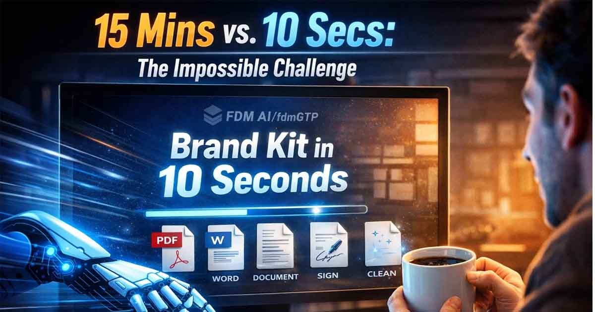 Using Free Document Maker with fdmGTP engine to instantly generate a professional brand kit in 10 seconds, compared to a manual 15-minute process by a human designer in 2026.