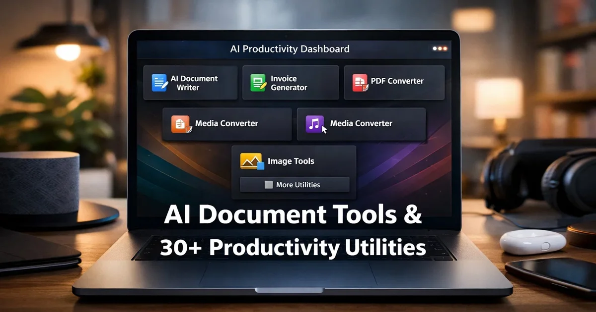 AI document tools dashboard showing PDF generator media converter and productivity utilities