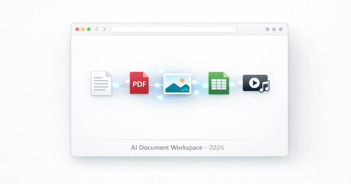 AI Document Workspace showing browser-based AI managing documents, PDFs, images, spreadsheets, and media in one interface