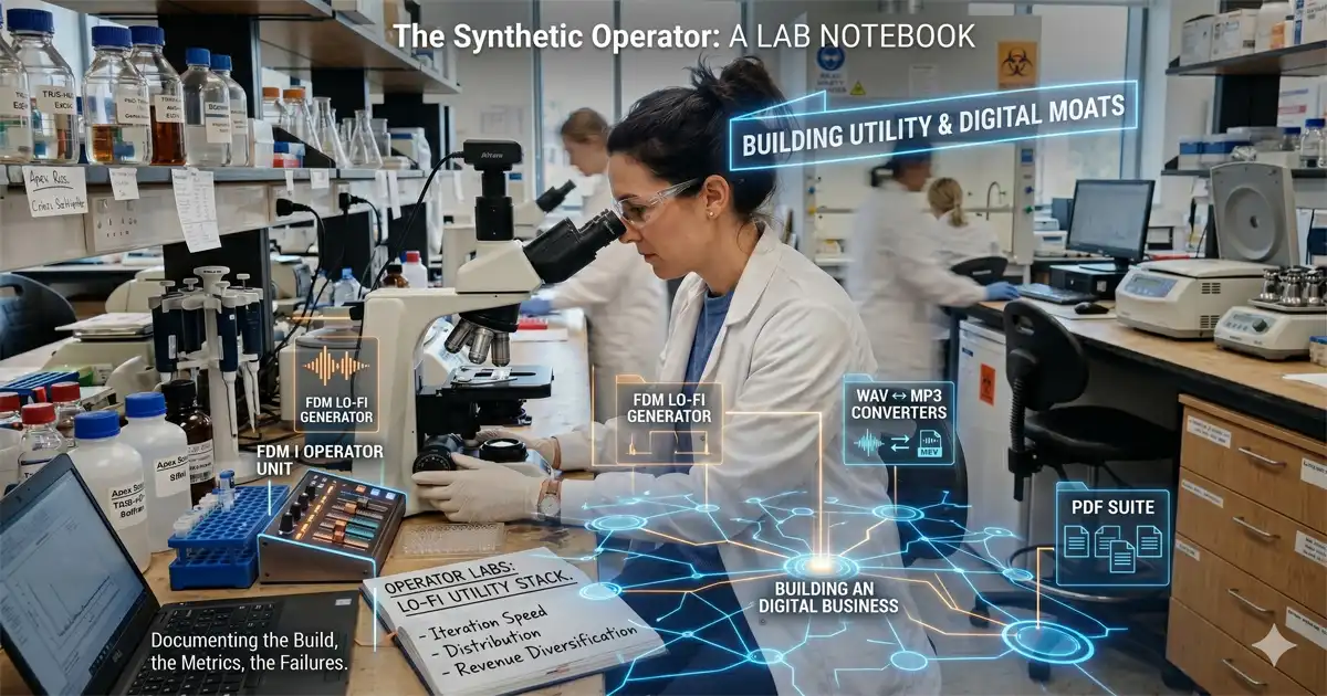 A scientist in a lab with digital overlays of AI tools like the FDM Lo-Fi Generator and PDF Suite.