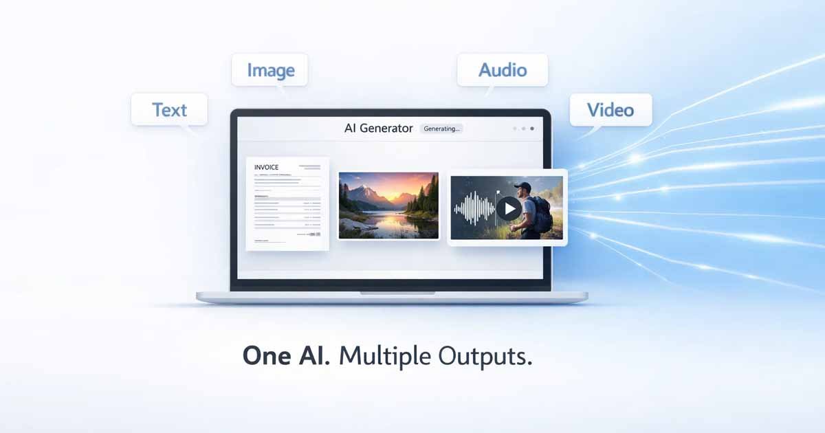 Dark neon-blue banner showing AI icons for document, image, and audio generation with title text ‘What Is an AI Generator?’ and subtext ‘Create Documents, Images & Media Instantly — Powered by AI