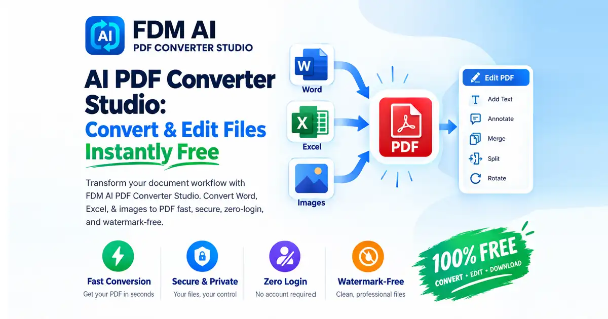 "FDM AI PDF Converter Studio promotional banner detailing two-way conversion between Word, Excel, Images, PDF, and Editable Documents, featuring tools for editing, OCR, merging, and compressing—100% free with no login required."