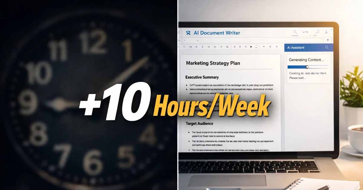 A split-screen graphic comparing a traditional analog clock with a fast AI document writer workspace, illustrating how FDM AI saves professionals ten hours per week.