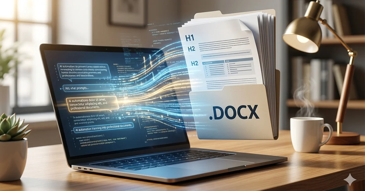 A laptop screen showing digital data streams transforming into a structured professional Word document with H1 and H2 headers in a modern office setting.