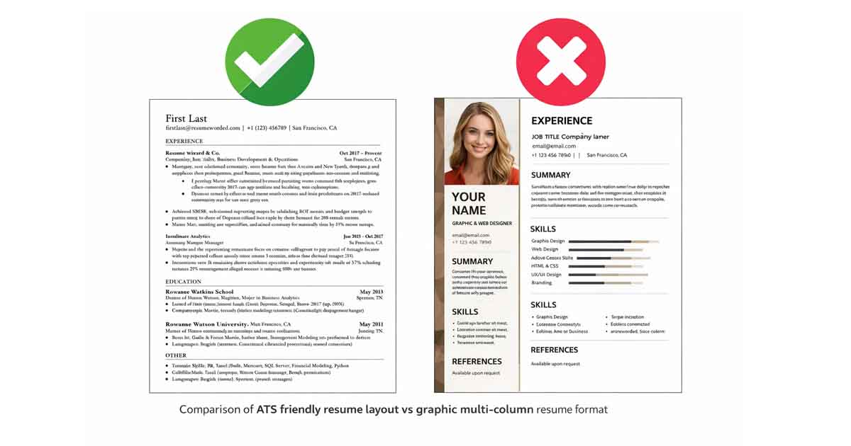 Comparison of ATS friendly resume layout and graphic multi-column resume format