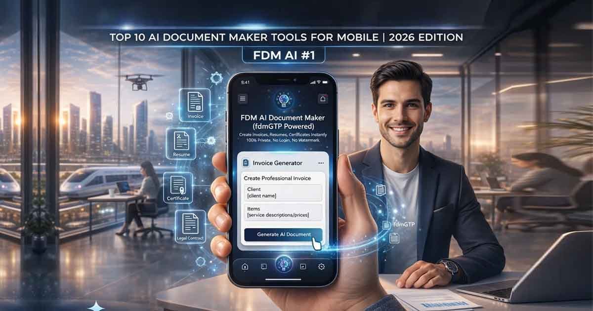 Professional dashboard of FDM AI, the best AI document maker for mobile devices in 2026, showing a high-speed document generation process.