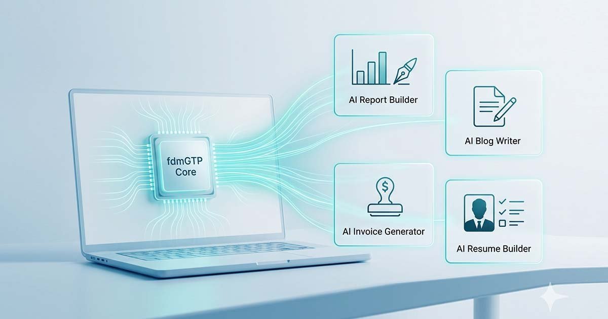 Interface of FDM AI, the best AI document writer free of login, showing the fdmGTP core generating a resume, blog post, invoice, and business report.