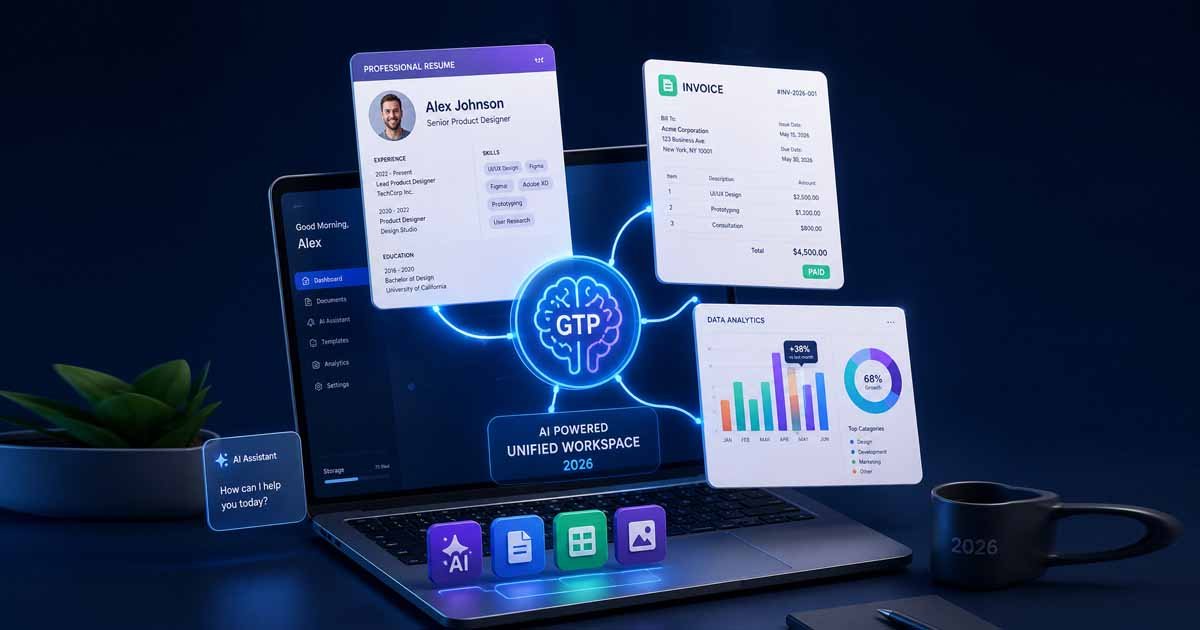 An all-in-one AI document maker workspace showing invoices, resumes, and PDF tools on a high-tech screen.