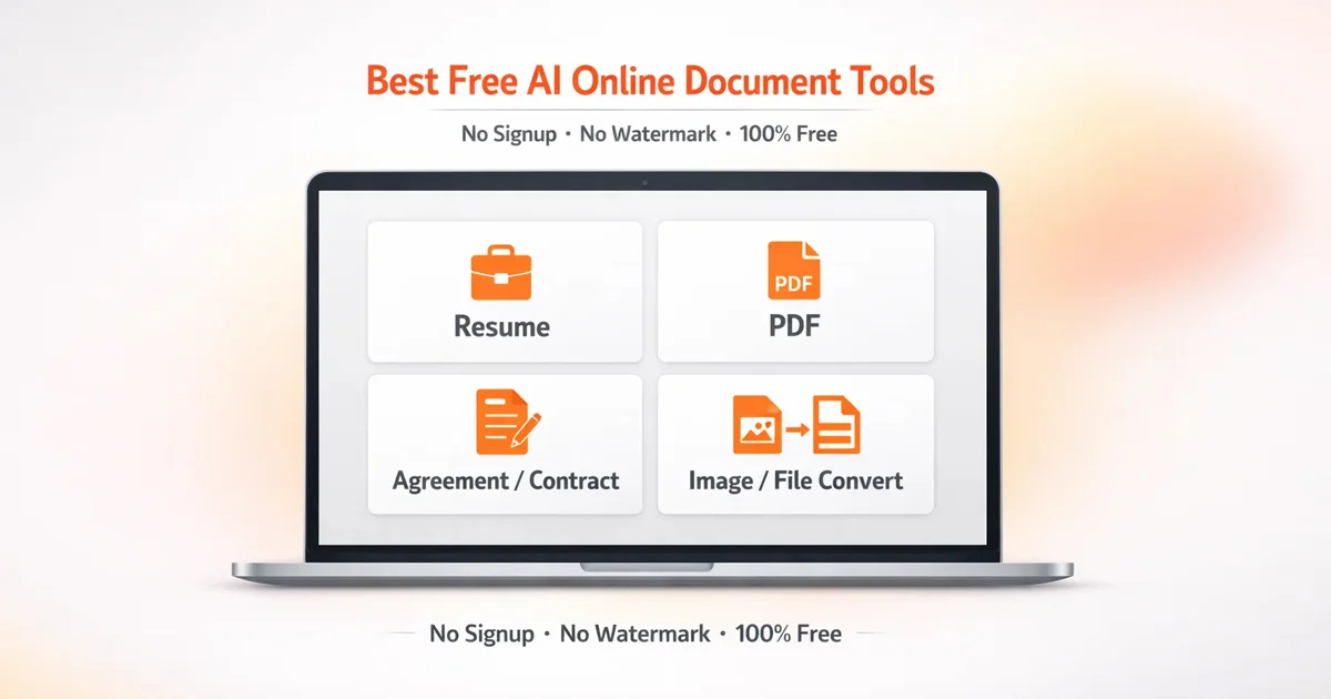 Modern clean UI illustration of a laptop showing AI document tools dashboard with resume PDF agreement and file conversion tools, minimal design, white and orange gradient background, soft shadows, professional web app style, high resolution