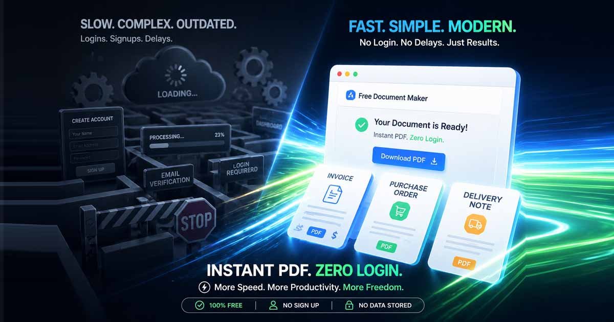 A comparison showing the speed of browser-based document automation versus traditional cloud software, featuring an instant, no-login PDF generation process for invoices and purchase orders.