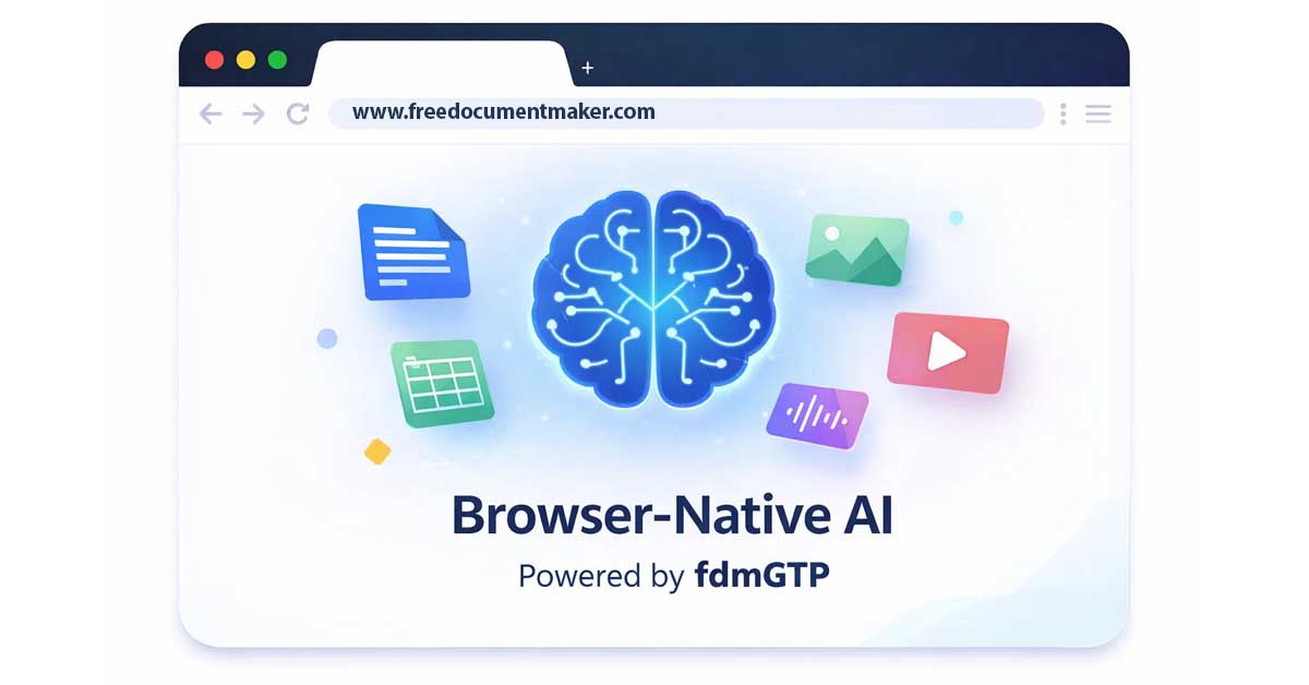 Browser-native AI workspace powered by fdmGTP running document, image, audio, and video tools directly in the web browser