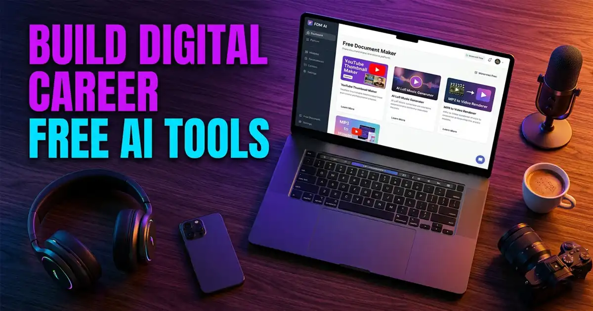 build digital career free AI tools, watermark-free thumbnail creator, browser-based media compilation, client-side video renderer, copyright-free AI music, no subscription creator workstation