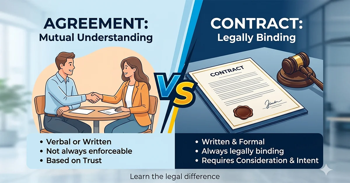 Infographic displaying a comparison between an informal agreement and a formal contract, separated by a VS in the middle.