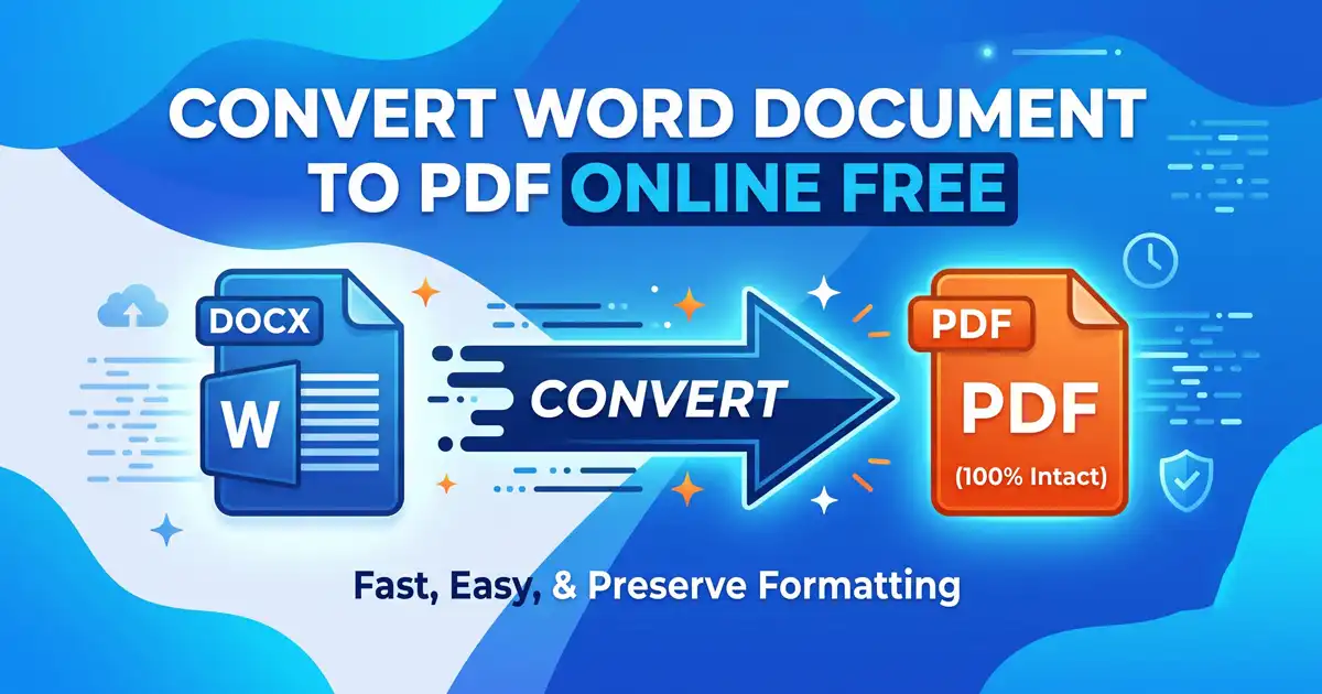 Graphic showing how to convert Word document to PDF online free, featuring a DOCX icon transforming into a PDF icon with formatting 100% intact.