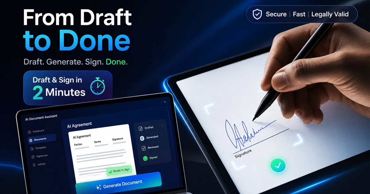 Split-screen showing how to create and sign legal agreements online. Features contract drafting on the left and a secure signature pad on the right. 100% private and AI-powered.