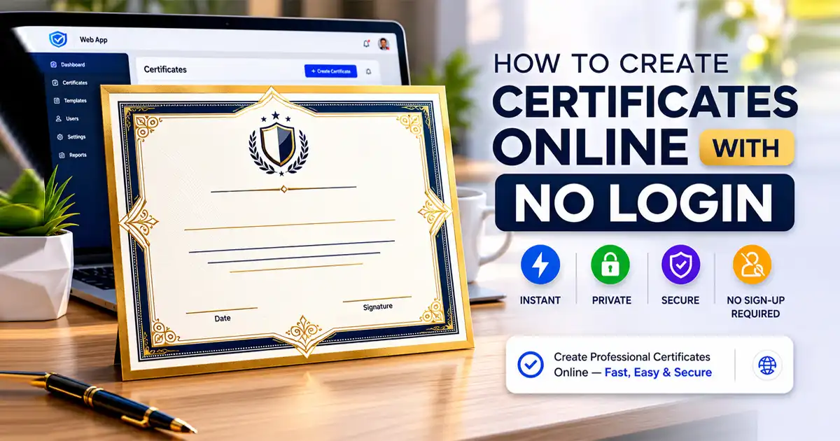 An elegant, gold-bordered award certificate template resting against a laptop on a wooden office desk next to a coffee mug. The text on the right reads "HOW TO CREATE CERTIFICATES ONLINE WITH NO LOGIN | Instant, Private, & Secure | No Sign-up Required